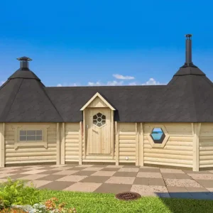 Aktuell Grill- und Saunahaus Eisenhut 10 - Abmessungen: 871 x 376 x 310 (B x T x H), Grundfläche: 22 m², Zeltdach