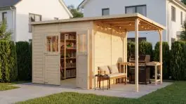 19 mm Elementgartenhaus | 3,84 x 2,39 Meter | Gartenhaus inkl. Anbaudach | Naturbelassen | Gerätehaus | inkl. Fußboden | Flachdach | Mainz 04 | Gerahmte Massivholztür mit Fenstern Top-Preis