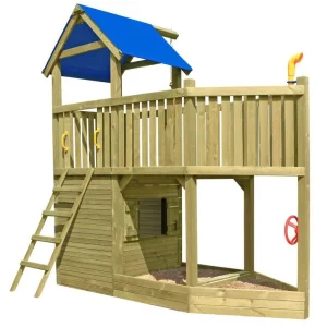 Zertifiziert Spielturm K33 inkl. Anbauelement, Piratenschiff und Sandkasten - Abmessungen: 340 x 225 cm (L x B)