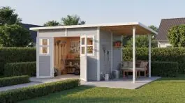 19 mm Elementgartenhaus | Gartenhaus mit Schleppdach | 4,32 x 2,45 Meter | inkl. Fußboden | Hellgrau lackiert | Lichtausschnitte aus Echtglas | Flachdach | Freiberg 04 Preiswert