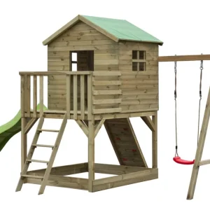 Abverkauf Spielturm S20C1, Dach: Grün, inkl. Wellenrutsche, Einzelschaukel-Anbau, Balkon, Sandkasten, Kletterwand und Holzleiter - Abmessungen: 462 x 363 cm (B x T)