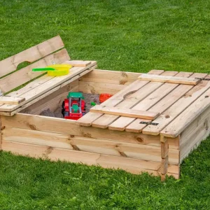 Billig Sandkasten Arenero viereckig aus Kiefernholz mit Sitzbankabdeckung - Abmessung: 120 x 120 cm (L x B)