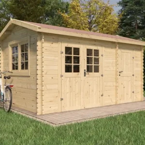 Garantierte Lieferung Gartenhaus Wiesenblüte 01, Grundfläche: 10,99 m², 28 mm Blockbohlenhaus, Naturbelassen, mit 1 Doppeltür, 1 Einzeltür und 1 Doppelfenster, Satteldach