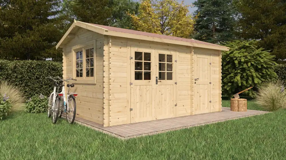 Garantierte Lieferung Gartenhaus Wiesenblüte 01, Grundfläche: 10,99 m², 28 mm Blockbohlenhaus, Naturbelassen, mit 1 Doppeltür, 1 Einzeltür und 1 Doppelfenster, Satteldach