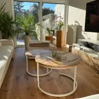 2er Set Couchtisch Mangoholz rund Metall Mango Satztische Sofatisch weiß natur Preis Gesenkt