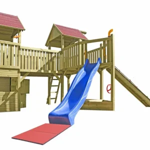Spielturm K29 inkl. zwei Türme, Schindeldach, Holzbrücke und Wellenrutsche - Abmessungen: 700 x 490 cm (L x B) Abverkauf