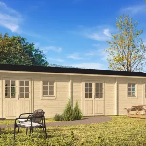 Bestpreis Gartenhaus aus nordischen Fichtenholz, 70 mm Blockbohlenhaus, Grundfläche: 54 m², Außenmaße: 500 x 1100 cm, Fenster und Tür aus Isolierglas, Satteldach