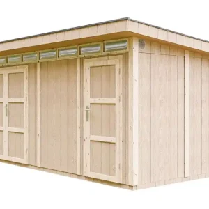 Gerätehaus Waldenstein mit 1 Doppeltür und 1 Einzeltür, Fußboden und Dachschindeln inkludiert, Nutzfläche: 11,5 m², kleine Fenster, 236 x 486 cm Echt