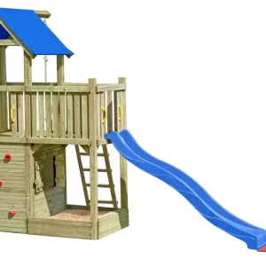 Expressversand Spielturm K41 inkl. Balkon, Anbauelement, Sandkasten, Stauraum und Wellenrutsche - Abmessungen: 620 x 185 cm (L x B)