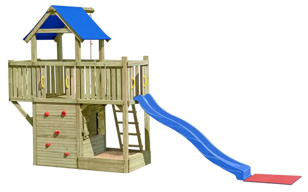 Expressversand Spielturm K41 inkl. Balkon, Anbauelement, Sandkasten, Stauraum und Wellenrutsche - Abmessungen: 620 x 185 cm (L x B)
