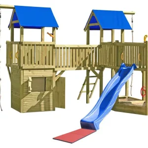 Kostenloser Versand Spielturm K30 inkl. zwei Türme, Holzbrücke und Wellenrutsche - Abmessungen: 530 x 530 cm (L x B)
