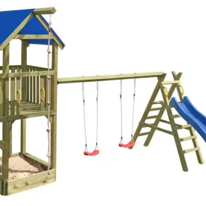 Spielturm K27 inkl. Balkon, Sandkasten, Wellenrutsche und Doppelschaukel - Abmessungen: 550 x 515 cm (L x B) Neue Kollektion