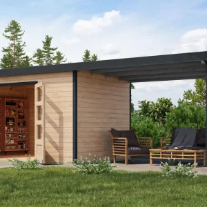 Zertifiziert Gartenhaus mit Anbaudach, nordische Fichte naturbelassen/anthrazit, Trapezblech-Pultdach, große Lichtausschnitte, Zylinderschloss, 3,60 × 2,40 m