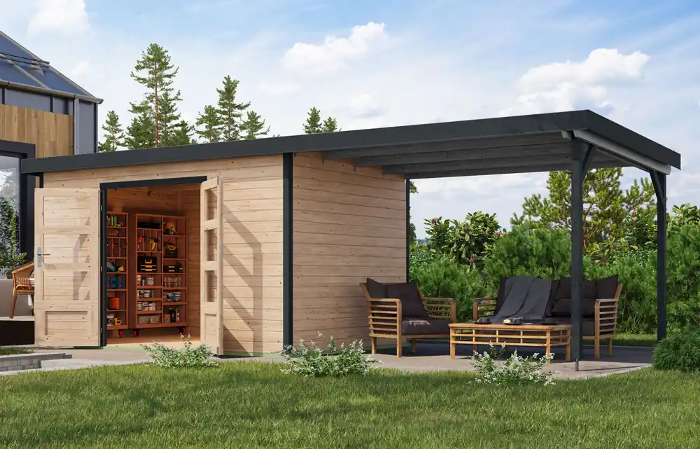 Zertifiziert Gartenhaus mit Anbaudach, nordische Fichte naturbelassen/anthrazit, Trapezblech-Pultdach, große Lichtausschnitte, Zylinderschloss, 3,60 × 2,40 m