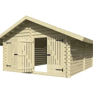 Begrenztes Angebot Holzschuppen / Gerätehaus 40 mm Blockbohlenhaus, aus Kiefernholz, gehobelt, 2 Doppeltüren, Grundfläche: 26,72 m², Satteldach, ideale Aufbewahrung für Brennholz