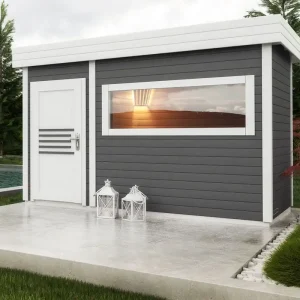 Knallerangebot Gartensauna Lut 40 mm mit großem Panoramafenster, Außenmaße (B x T): 354 x 204 cm - Farbe: Anthrazit / Weiß