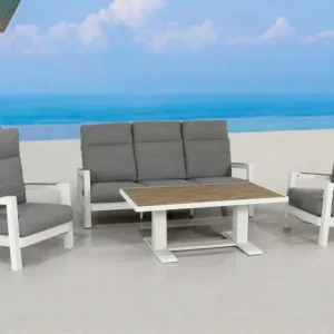 Direkt Vom Hersteller Gartensitzgruppe Houston 4-teilig mit höhenverstellbaren Couchtisch, Farbe: weiß, Stoff: dunkelgrau, Polsterung schnell trocknen und wasserabweisend