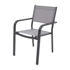Garantierte Lieferung Stapelbarer Gartensessel Phoenix aus pulverbeschichtetem Aluminium - Farbe: anthrazit, Bespannung: dunkelgrau, 605 x 565 x850 mm, mit Armlehne