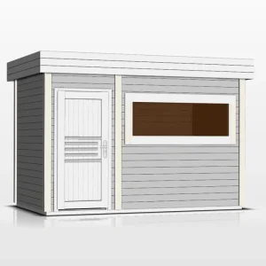 Zertifiziert Gartensauna Lut 40 mm mit großem Panoramafenster, Außenmaße (B x T): 354 x 204 cm - Farbe: Grau / Weiß