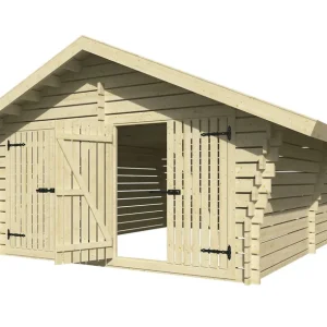 Bestseller Holzschuppen / Gerätehaus aus Kiefernholz, Satteldach, 40 mm Blockbohlenhaus, Doppeltür, gehobelt, Lüftungslücken zwischen Wandbrettern, Grundfläche: 17,47 m², Außenmaße: 418 x 418 cm