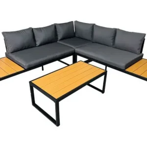 4-teilige Gartensitzgruppe Oss mit Couchtisch, Farbe: schwarz/dunkelgrau/ocker, Rahmen aus beschichtetem Stahl, mit Sitz- und Rückenkissen, Polywood Jetzt Bestellen
