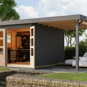 Angebot Anbaudach-Gartenhaus terragrau aus nordischer Fichte mit Doppelflügeltür, 2 großen und 2 kleinen Fenstern, Flachdach, Zylinderschloss, 2,98 × 3,02 m