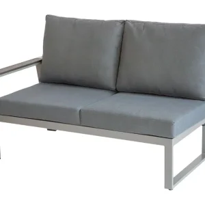 Zertifiziert Garten Loungesofa Lissabon 2-Sitzer links aus Alu, Farbe: graualuminium, Stoff: dunkelgrau, Armlehnen aus stilvollem wetterfesten Verbundwerkstoff in Holzoptik, Polsterung: Stärke 100 mm