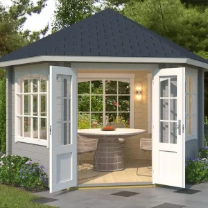 Billig Gartenhaus G65 Lichtgrau inkl. Fußboden - 44 mm Blockbohlenhaus, Nutzfläche: 7,30 m², Zeltdach