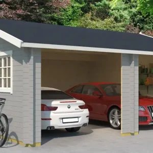 Doppel-Holzgarage H91 inkl. seitliche Eingangstür und Doppelfenster, 575 x 575 cm, Fichte Lichtgrau/Weiß, 44 mm Blockbohlenhaus, 3,00 m², Satteldach Preis Gesenkt