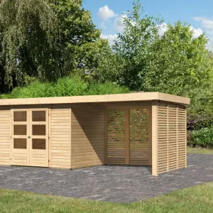 Ausverkauf Gartenhaus SET naturbelassen mit Anbaudach 2,8 m Breite, Grundfläche: 6,35m²