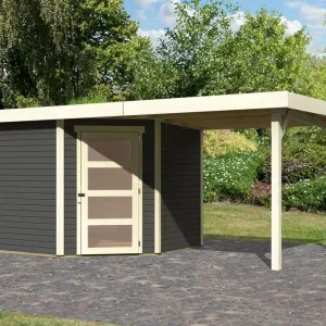 Abverkauf Gartenhaus SET AKTION terragrau mit Anbaudach 2,4 m Breite, Grundfläche: 5,76m²