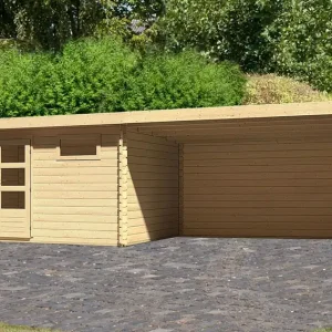 Aktuell Gartenhaus SET mit Pultdach inkl. Anbaudach, Seitenwand & Rückwand, Farbe: Naturbelassen, Grundfläche: 10,36 m²