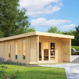 Bestseller Flachdach Ferienhaus F24 mit Terrasse, 19,18 m², 70 mm Blockbohlen, Fichte/Kiefer Naturbelassen, inkl. Fußboden & Isolierverglasung, Bodenhohe Fenster