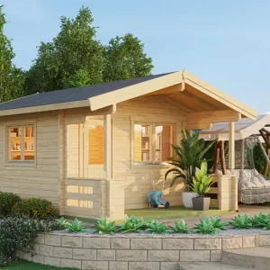 Abverkauf Ferienhaus F29 mit Vordach, Terrasse & Geländer | 11,97 m² | 70 mm Blockbohlen | Naturbelassen | Inkl. Fußboden & Isolierverglasung