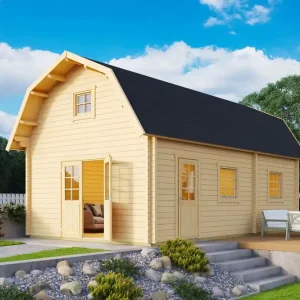 Ferienhaus F32 mit 2 Etagen u. Schlafboden | 36,6 m² | 70 mm Blockbohlen | Naturbelassen | Inkl. Fußboden & Isolierverglasung Preis Gesenkt