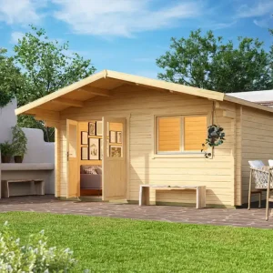 Bestseller Ferienhaus F42 mit Vordach | 17,52 m² | 70 mm Blockbohlen | Naturbelassen | inkl. Fußboden & Isolierverglasung