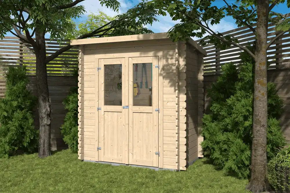 Gartenhaus Gmündinkl. Massivholzdach und Dachpappe- 2,30 x 1,28 Meter aus 19 mm Blockbohlen Schnäppchen