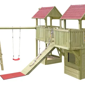 Wochenendangebot Spielturm K32 inkl. zwei Türme, Schindeldach, Holzbrücke, Einzelschaukel und Sandkasten - Abmessungen: 550 x 475 cm (L x B)