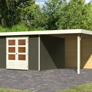 Zertifiziert Gartenhaus SET AKTION terragrau mit Anbaudach 2,4 m Breite, Rückwand, Grundfläche: 9m²