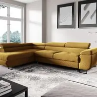 Ecksofa mit Schlaffunktion DECLAN Stoff Poso Honiggelb Ottomane Links Kostenloser Rückversand