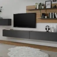 Wohnwand Wohnzimmer Schrankwand Hängeschränke grau und Eiche Wotan 400 cm Center Echt