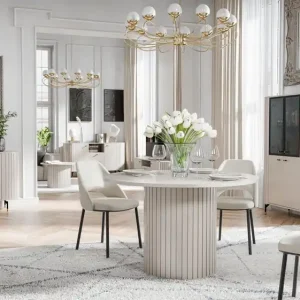 Heißes Angebot Modernes Esszimmer Komplett - Set A Annelin, 6-teilig, in Kaschmir, 1 Esstisch, 2 Kommoden, 1 TV-Unterschrank, 1 Vitrine, 1 Beistelltisch, Soft-Close