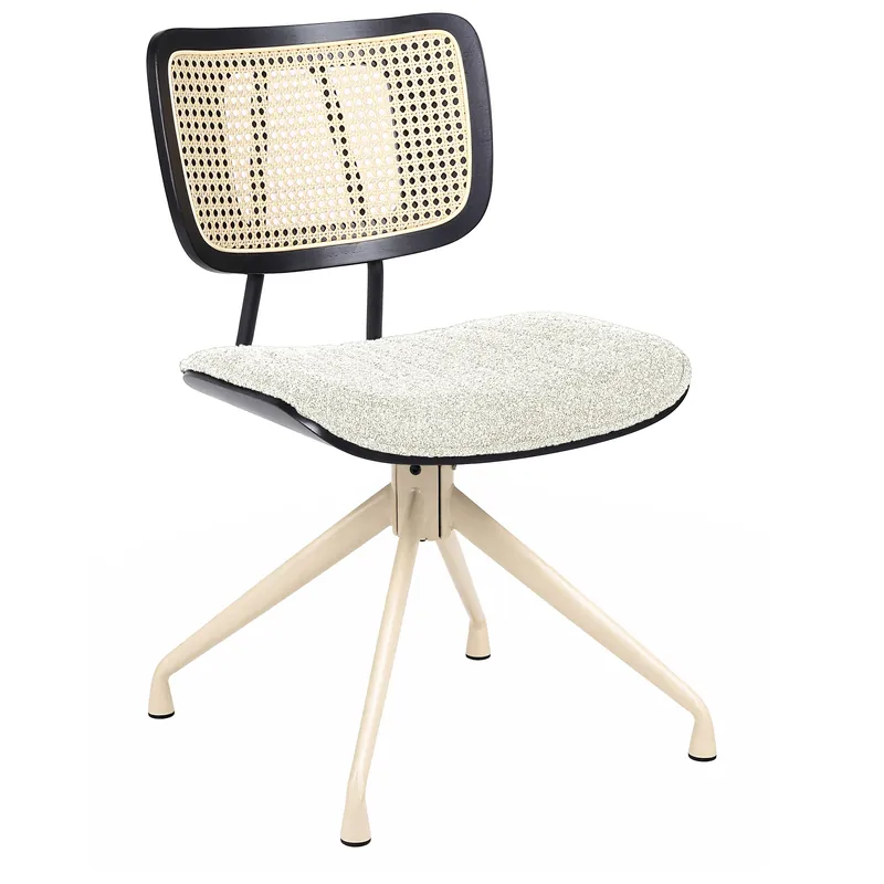 Billig Valerie | Bistro Stuhl | Creme | Teddystoff | Rattan Eiche | Drehfuß Weiß