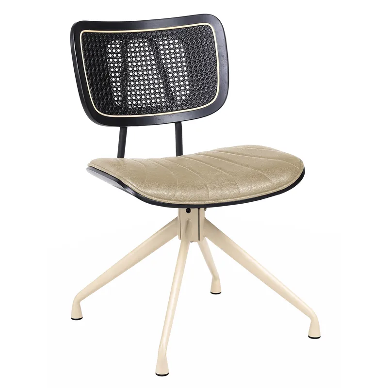 Valerie | Bistro Stuhl | Beige | Leder | Rattan Schwarz | Drehfuß Weiß Ausverkauf