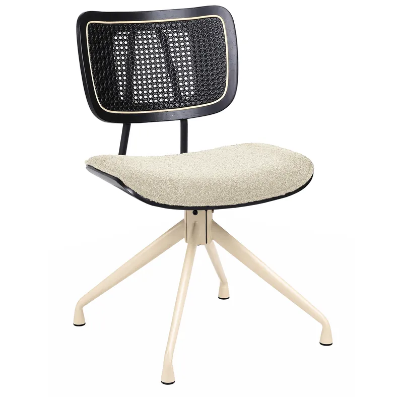 Neue Kollektion Valerie | Bistro Stuhl | Beige | Teddystoff | Rattan Schwarz | Drehfuß Weiß