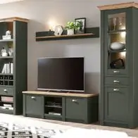 Wohnwand Schrankwand grün Eiche Wohnzimmer Landhaus mit Vitrine 308 cm Norwich Garantierte Lieferung