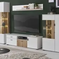 Wohnwand Schrankwand Set 4-tlg Anbauwand mit Soft-Close weiß matt Eiche Merced 320 cm Versand Am Gleichen Tag