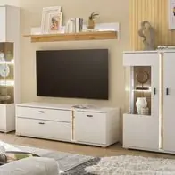 Wohnwand Set 4-tlg inkl Beleuchtung Soft-Close Schrankwand weiß matt Eiche Bellport Must-Have