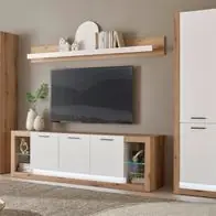 Aktuell Wohnwand Set 4-tlg Schrankwand Anbauwand weiß matt Eiche Wohnkombination Rivian 398cm