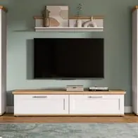 Wohnwand weiß Landhaus Lärche und Eiche Dekor Schrankwand mit 2x Vitrine Mirano Neu